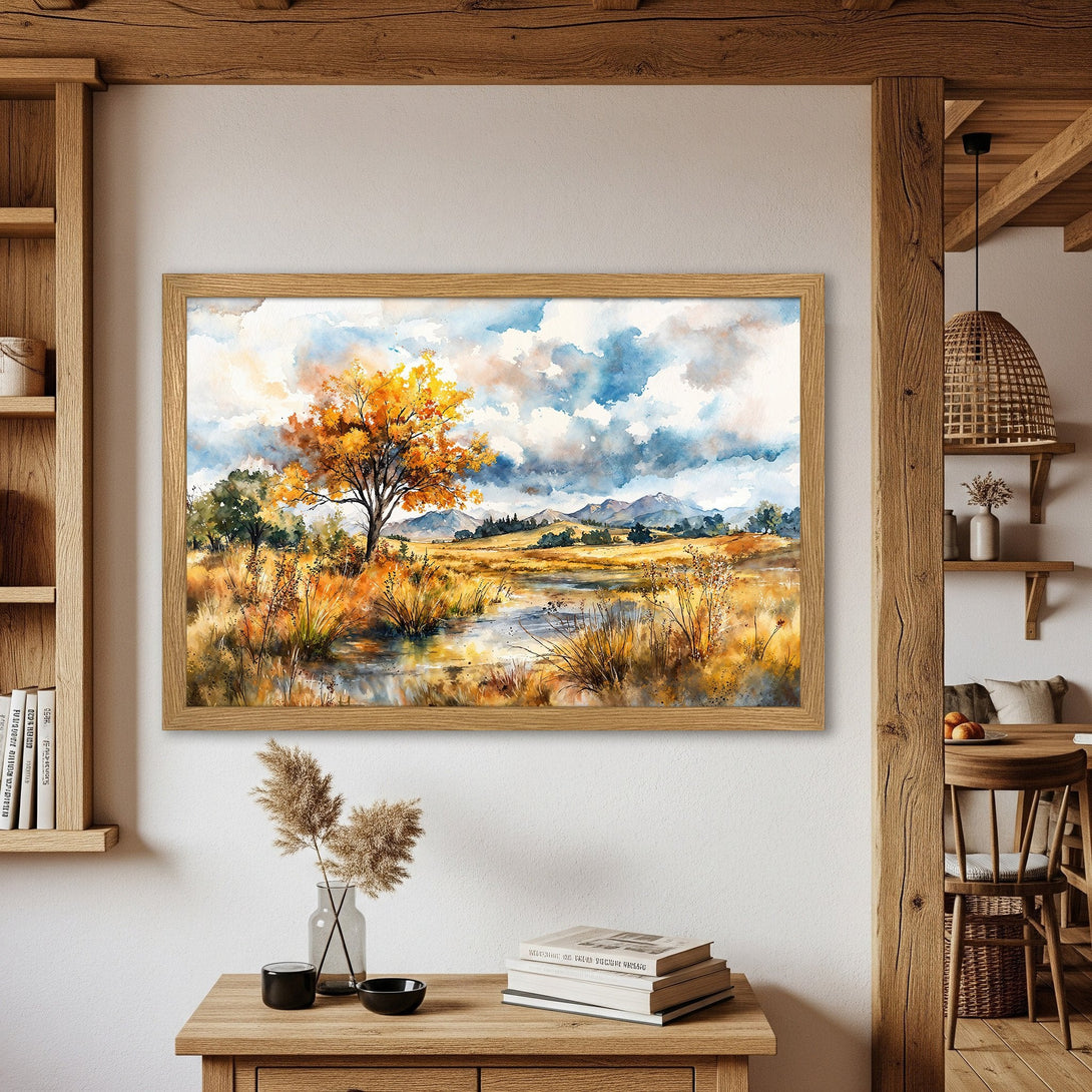 Framed Poster of a watercolor landscape with autumn colors. Warm, earthy tones and serene style. Perfect wall art!