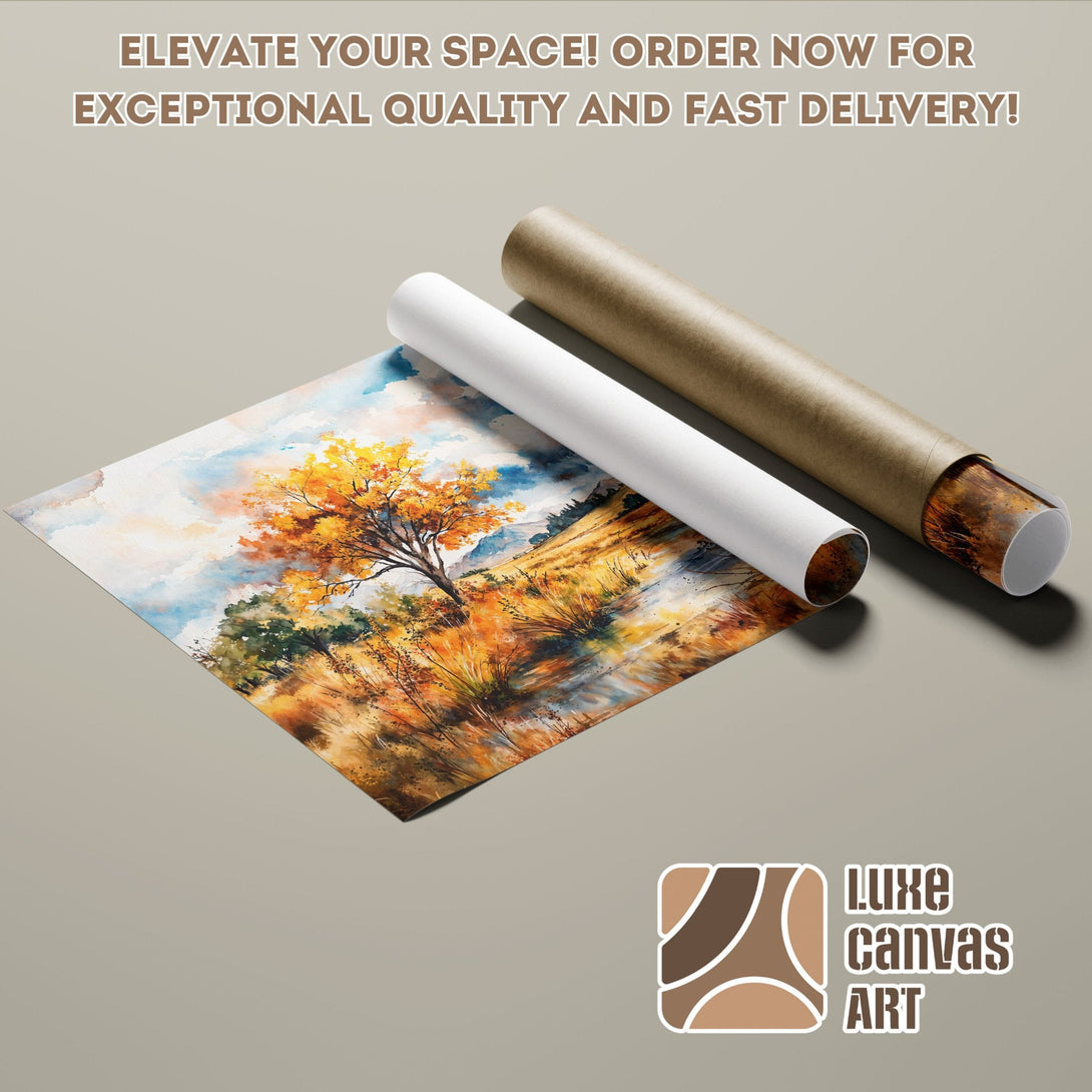 Watercolor landscape Poster Roll with warm autumn colors. Elevate your space! Order now!