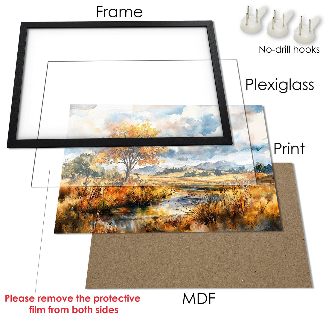 Framed Poster of a watercolor landscape. Features warm earth tones and blue skies. Perfect wall art for your home!