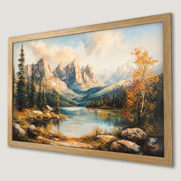 Framed Poster of a stunning mountain landscape painting in warm, earthy tones. Perfect wall art for your home!