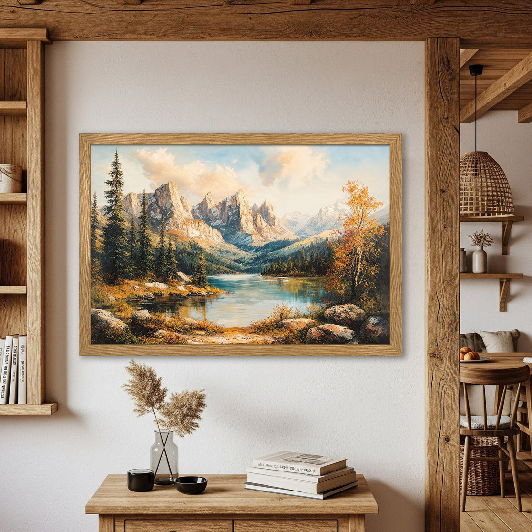 Framed Poster of a serene mountain landscape painting in a warm, natural color palette. Perfect art for home decor.