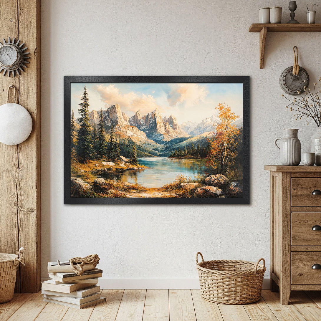 Framed Poster of a mountain lake landscape painting, featuring a warm, natural color palette. Perfect wall art!