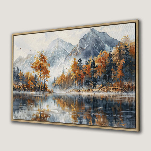 Framed Wall Art: Watercolor landscape canvas print featuring a serene lake, mountains, and fall foliage in warm orange and cool blue tones.