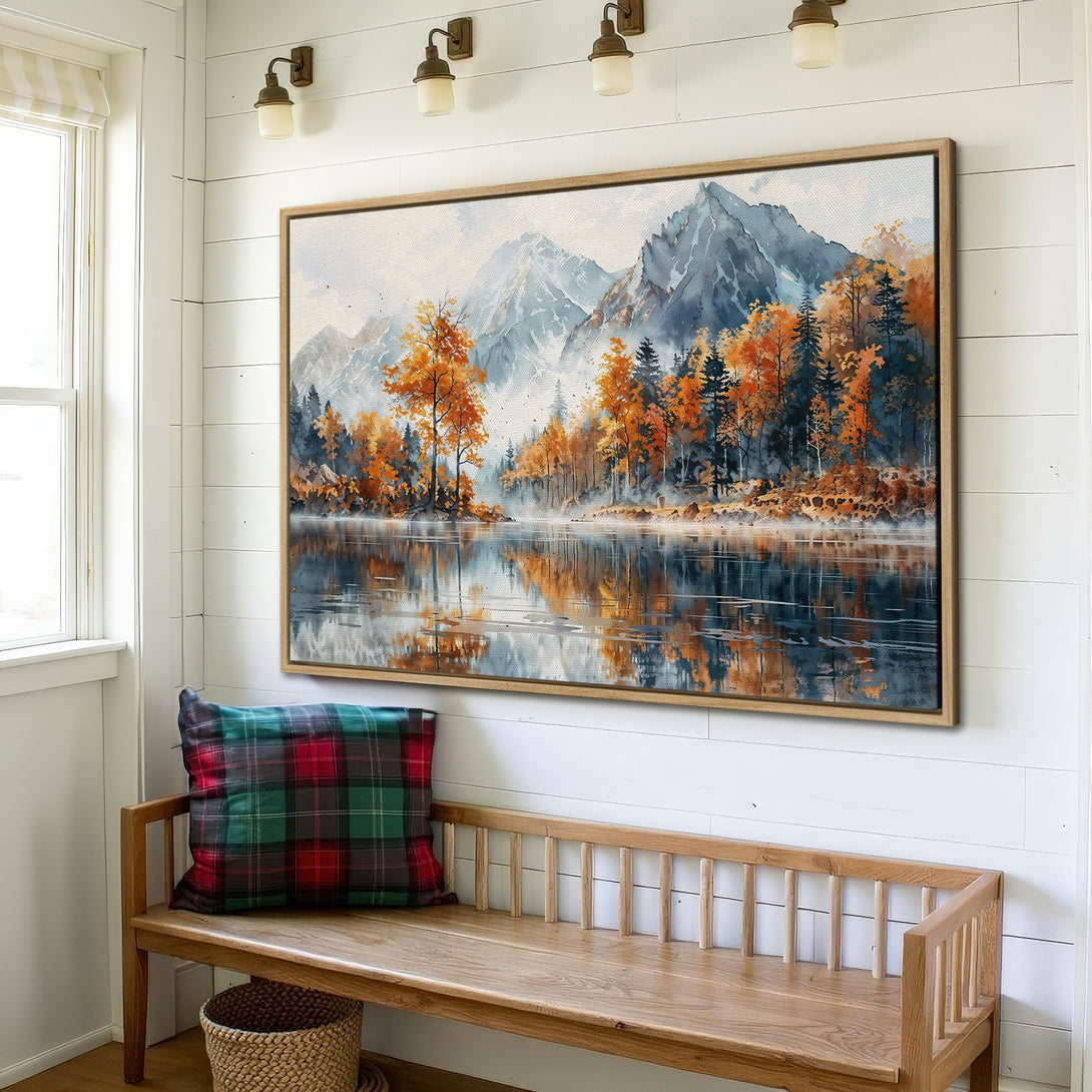 Framed Wall Art: Watercolor landscape Canvas Print with autumn trees and mountains in a serene blue, orange, and grey color palette.