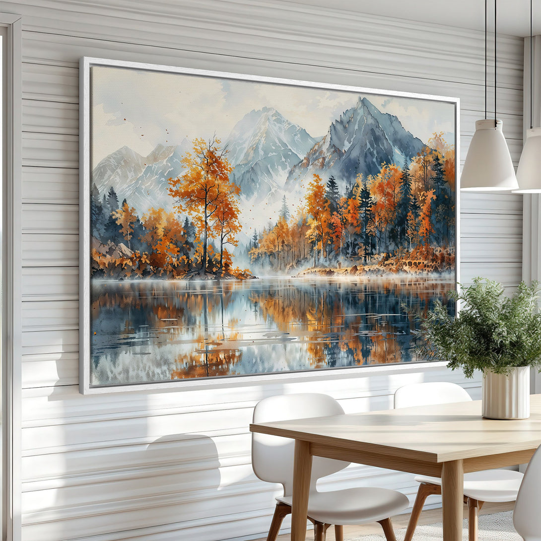 Framed Wall Art: Watercolor landscape Canvas Print with mountains, lake, and fall foliage in warm orange, blue, and gray tones. Perfect home decor!