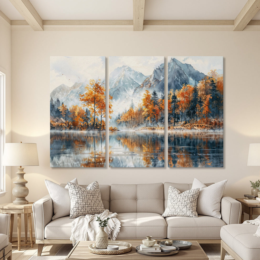 Canvas Print of a serene watercolor landscape featuring a lake, mountains, and autumn trees. Warm orange, blue, and gray color palette. Perfect wall decor!