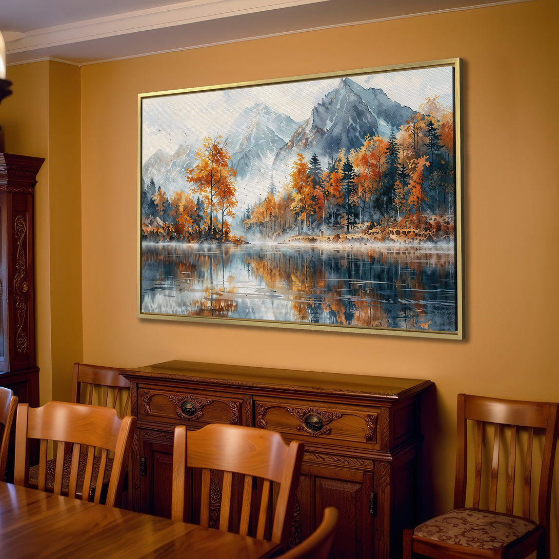 Canvas Print of a serene lake landscape with mountains, featuring warm autumn colors. Perfect for adding a touch of nature to your home!