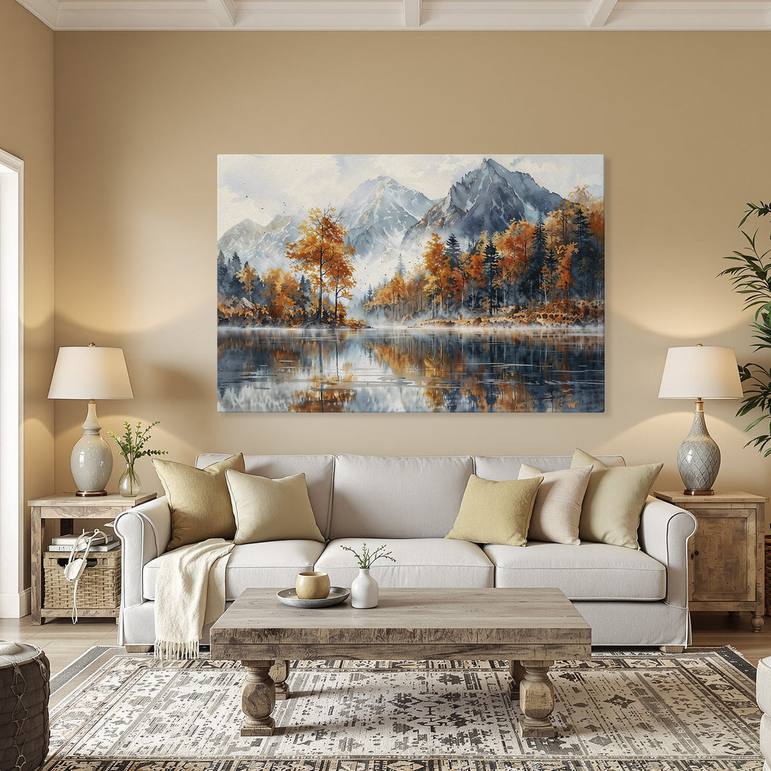 Framed Wall Art: Watercolor landscape Canvas Print with autumn trees, mountains, and lake. Warm orange, blue, and gray tones. Enhance your decor!