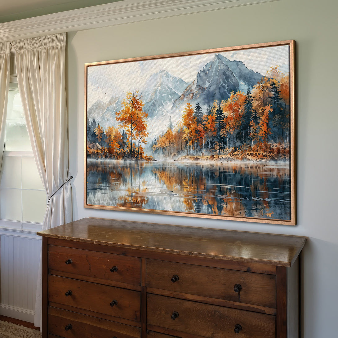 Framed Wall Art: Watercolor landscape Canvas Print with autumn trees and mountains in a warm, inviting color palette. Perfect for home decor.