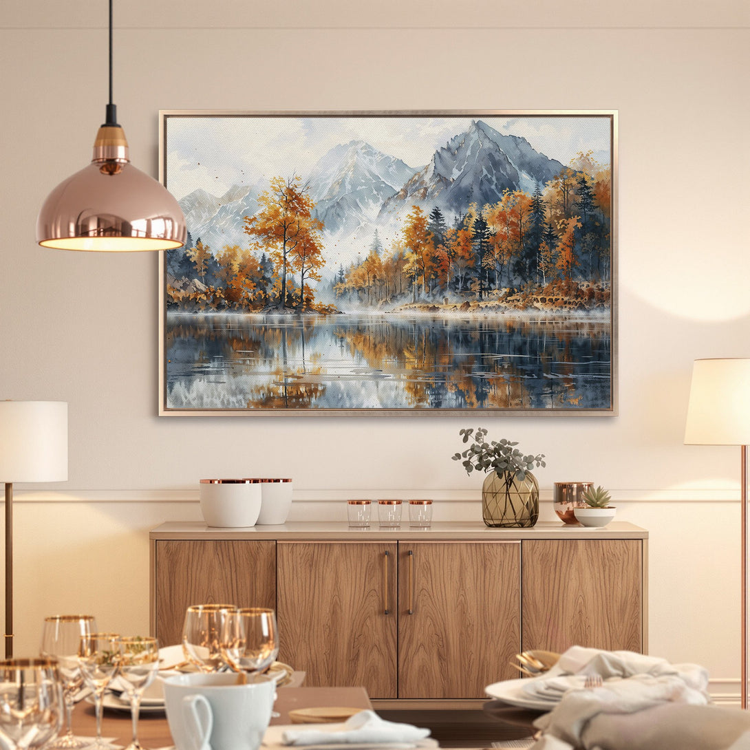 Framed Wall Art: Watercolor landscape Canvas Print with mountains, lake, and fall foliage in a warm, inviting color palette. Perfect for home decor.