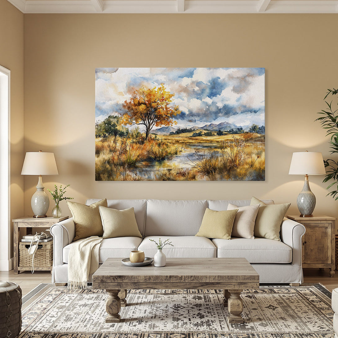 Framed Wall Art: Watercolor landscape Canvas Print with warm autumn colors. Perfect for adding a touch of nature to your home decor.