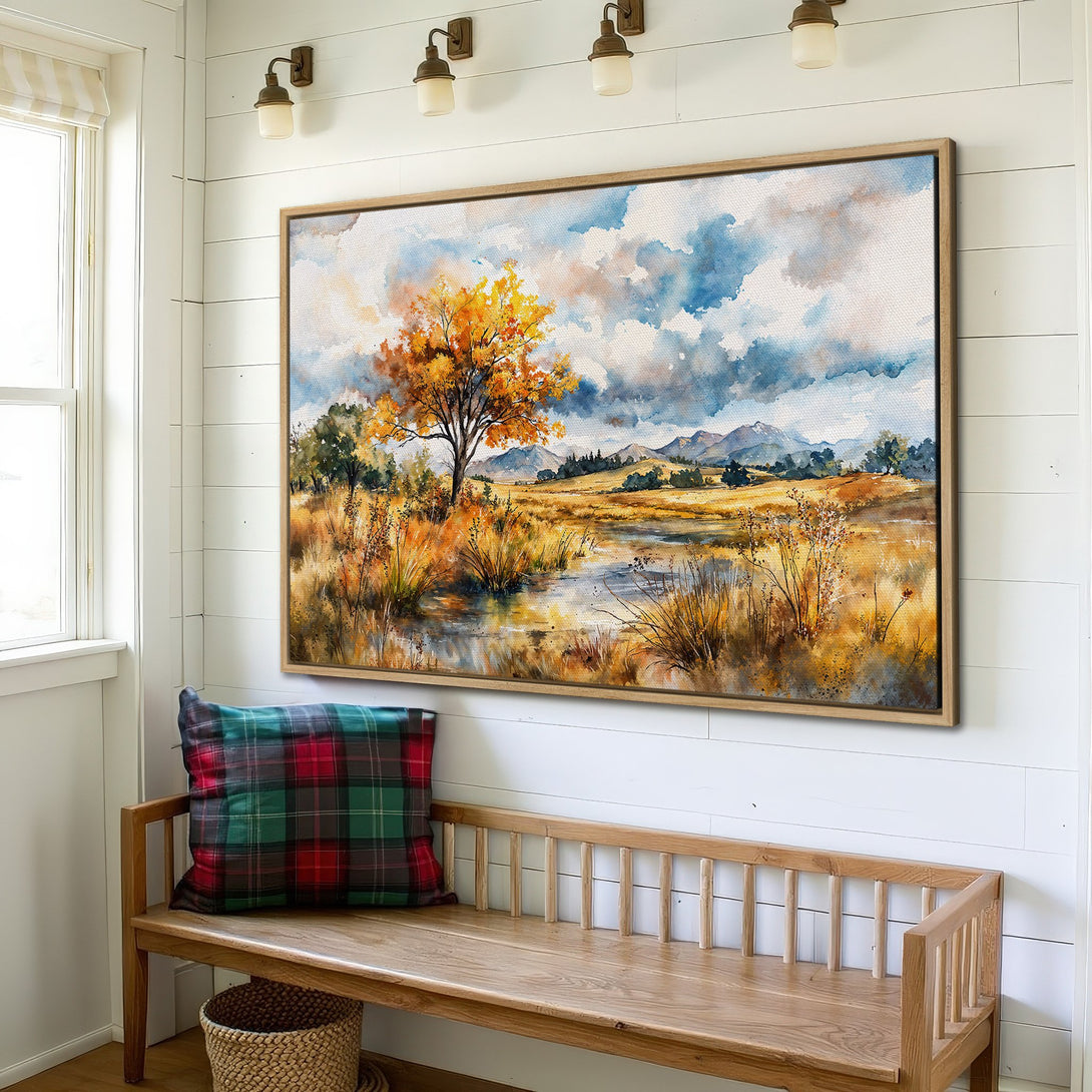 Framed Wall Art: Watercolor landscape with autumn tree, warm yellows, blues, and browns. Perfect for adding a touch of nature to your home decor.
