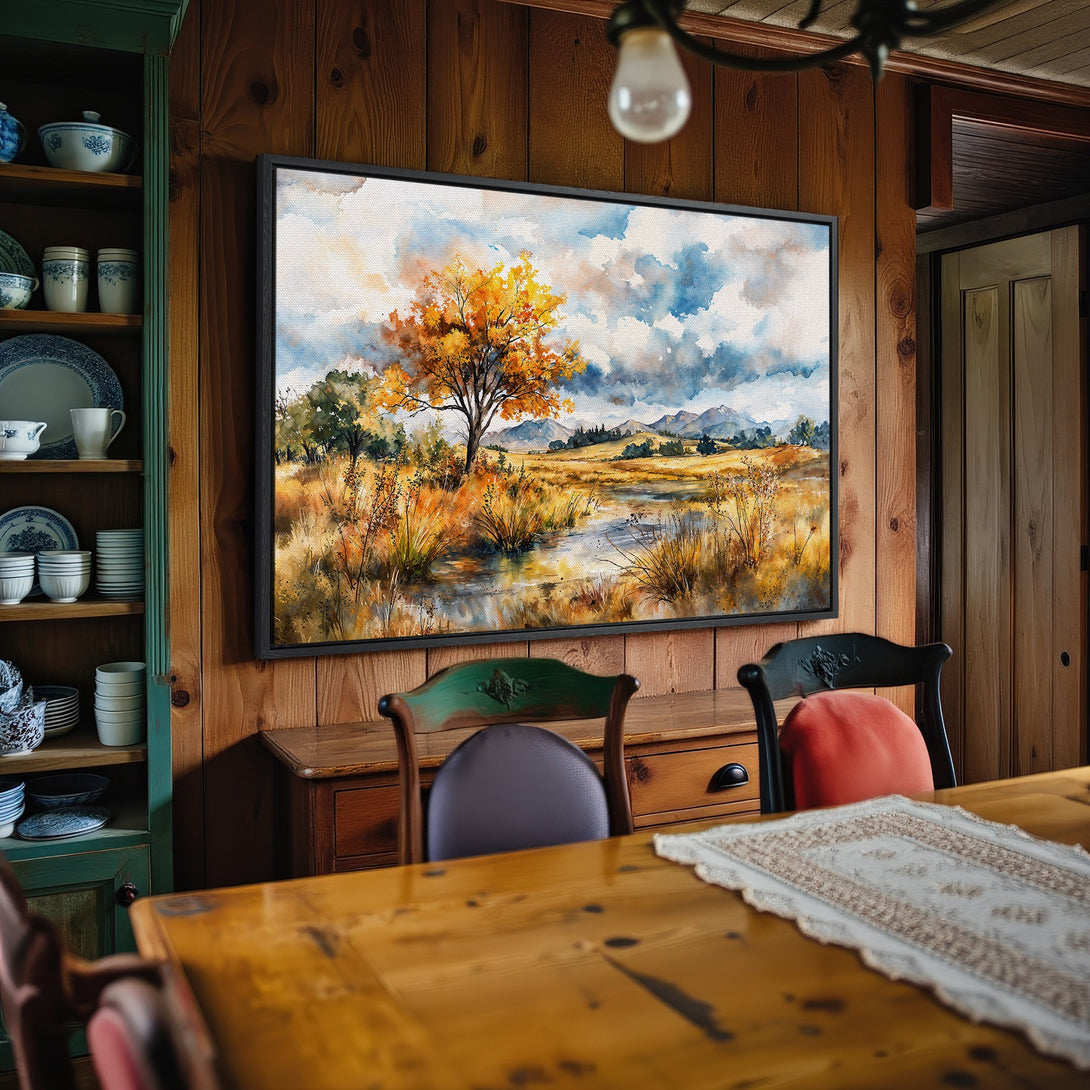 Framed Wall Art: Watercolor landscape Canvas Print with autumn colors. Adds warmth & style to any room. Featuring a serene nature scene.
