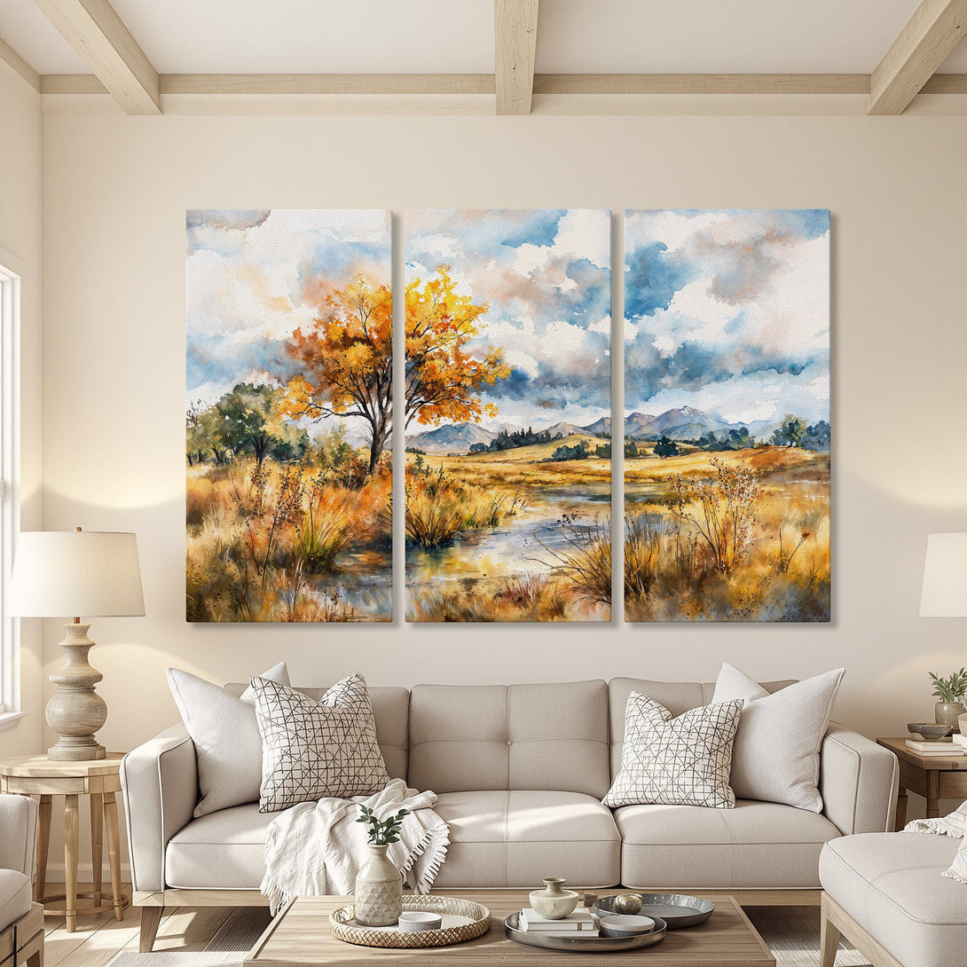 Canvas Print of a watercolor landscape art featuring a tree with autumn leaves and a warm, earthy color palette. Perfect for home decor.