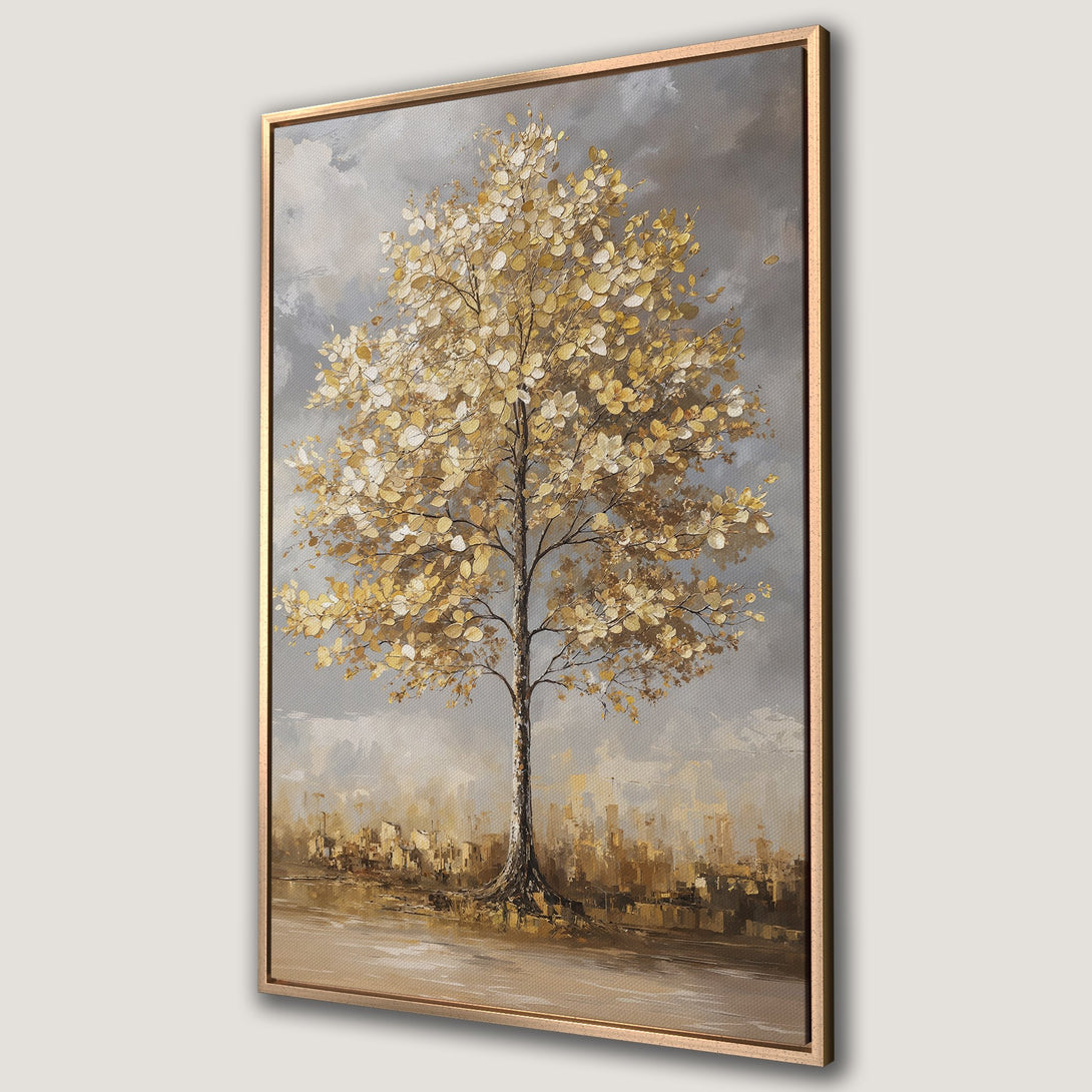 Framed Wall Art featuring a golden tree painting in a serene, impressionistic style. Neutral gray and gold palette adds elegance to any space.
