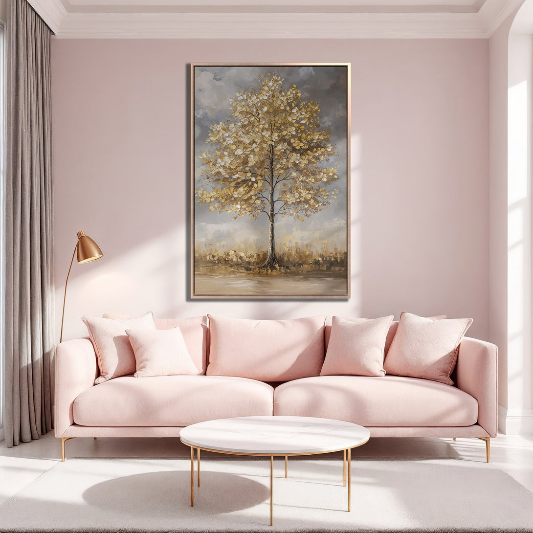 Framed Wall Art: Golden tree painting in a modern interior. Beautiful artwork with a neutral color palette, perfect for living room decor.