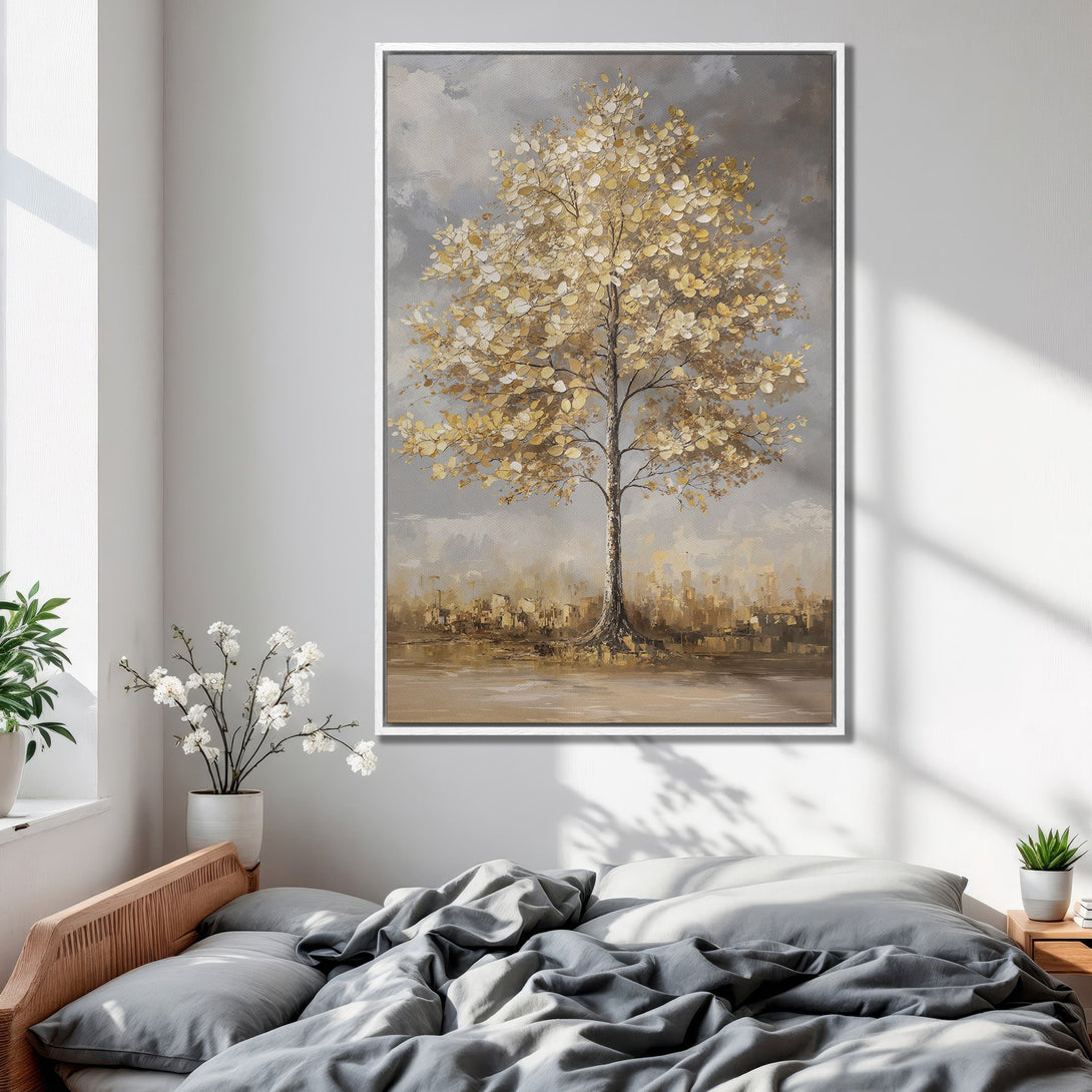 Framed Wall Art: Abstract tree painting in gold and gray tones. Modern canvas print for bedroom decor, adding a touch of elegance.