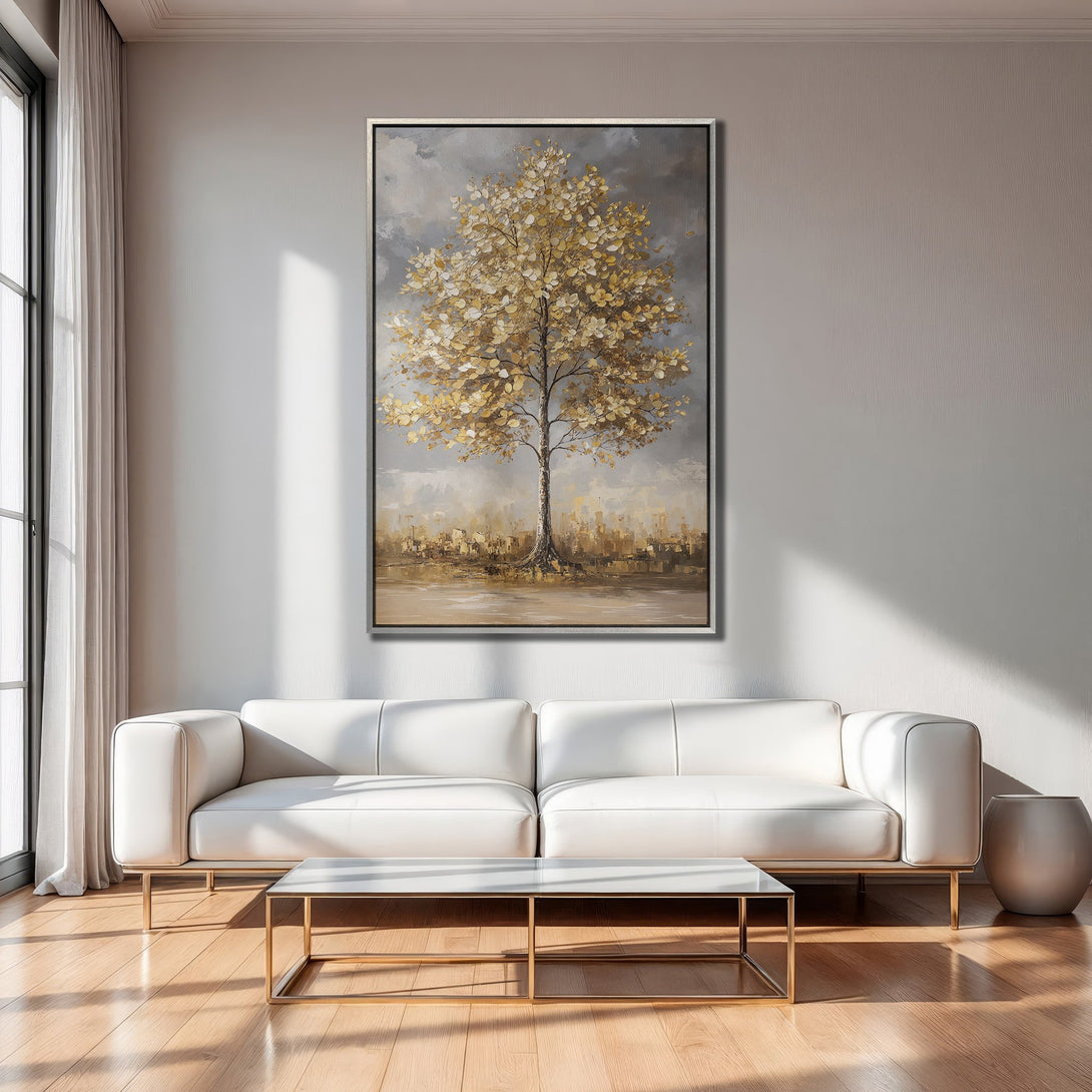 Framed Wall Art: Abstract tree painting with gold and gray tones. Modern canvas print adds elegance to living room decor.