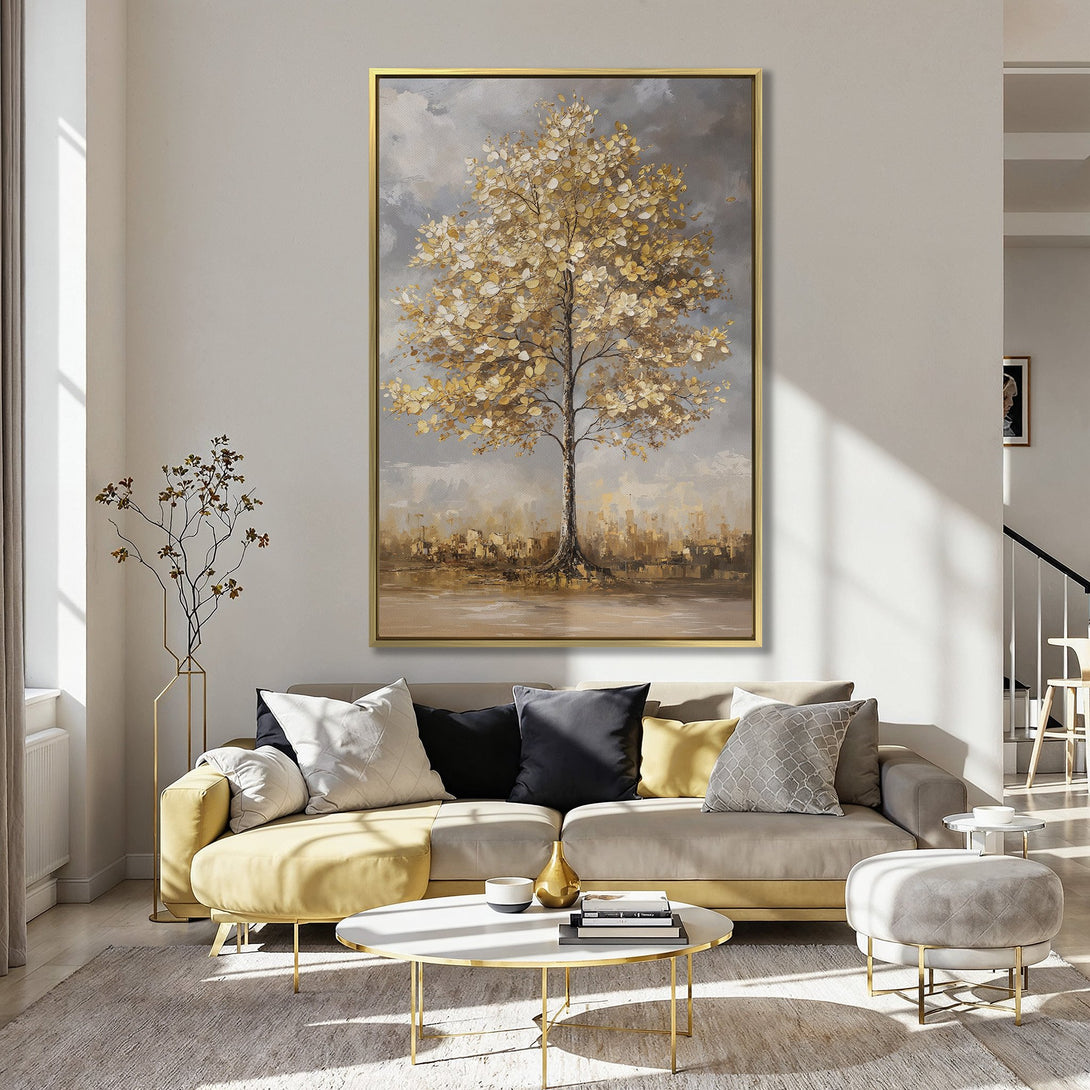 Canvas Print of a golden tree painting in a modern interior. Warm, neutral color palette. Perfect for adding a touch of elegance to any space.