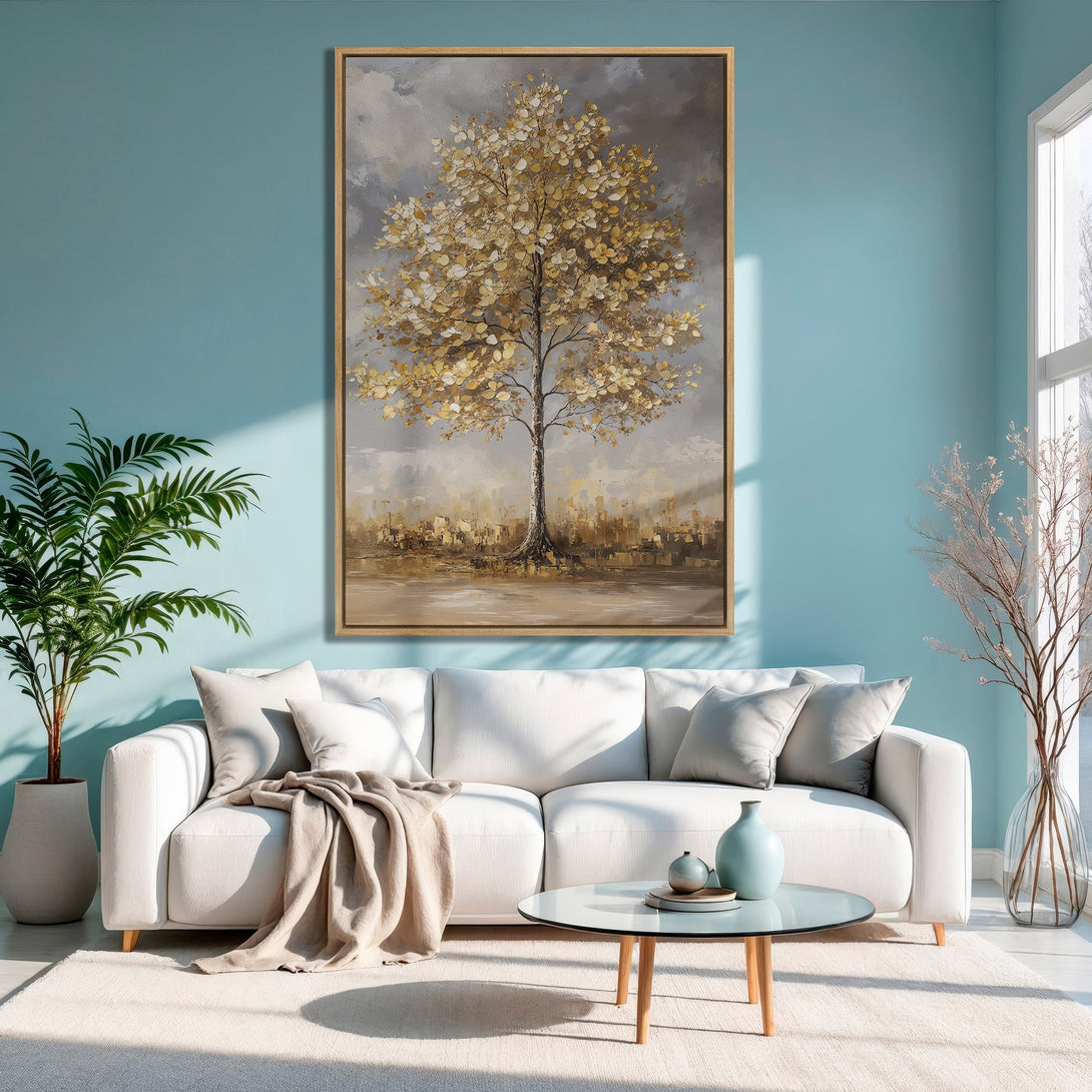 Framed Wall Art of a golden tree in a modern interior. Neutral color palette with pops of blue. Perfect for living room decor.