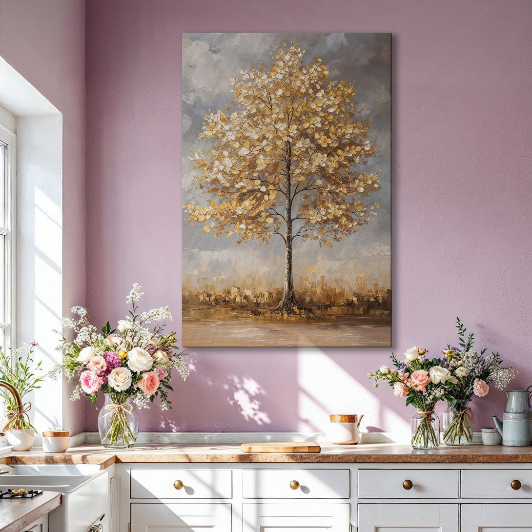 Framed Wall Art: Abstract tree painting in gold and gray tones. Modern canvas print adds elegance to any living room decor. Shop now!
