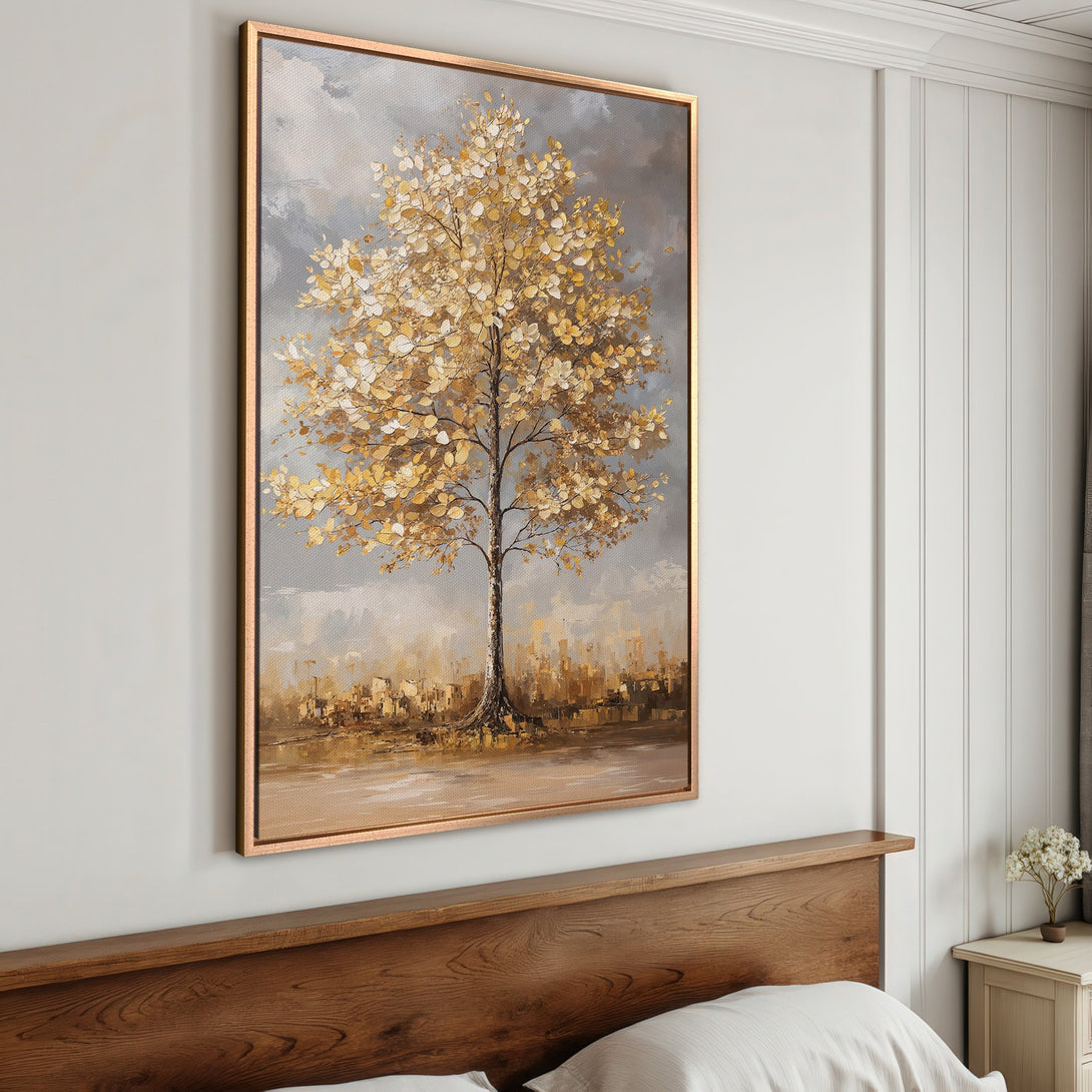 Framed Wall Art: Golden tree painting in a bedroom. Warm, neutral color palette. Perfect for adding elegance and style to your home decor.