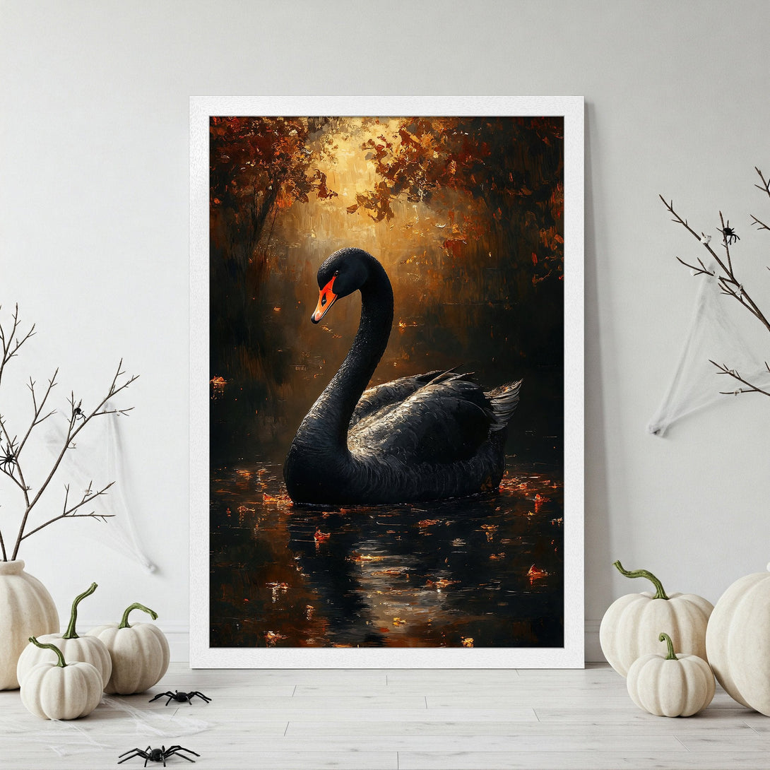 Framed Poster featuring a black swan in a moody, painterly style with a warm, autumnal color palette. Perfect wall art!