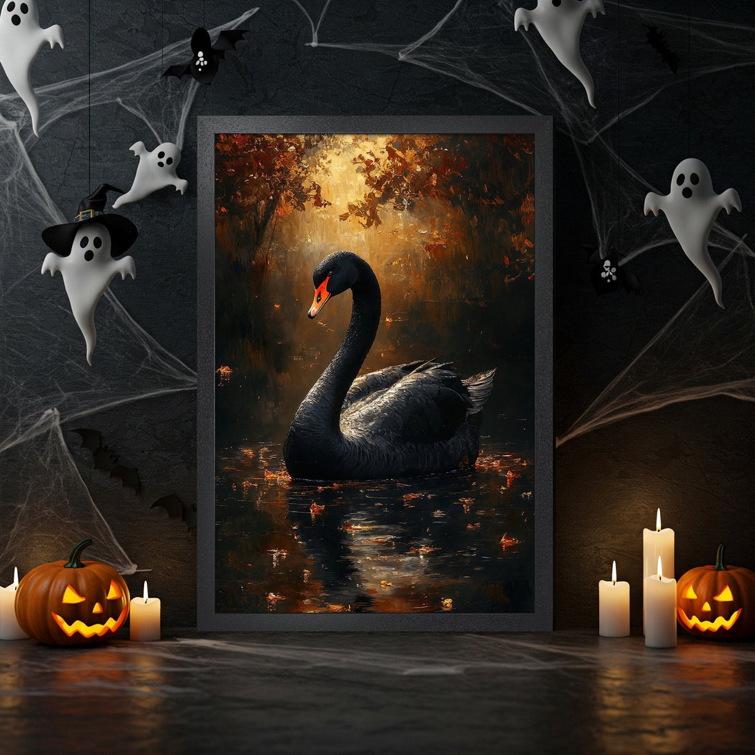 Framed Poster featuring a black swan in a moody, painterly style with a warm, autumnal color palette. Perfect Halloween decor!