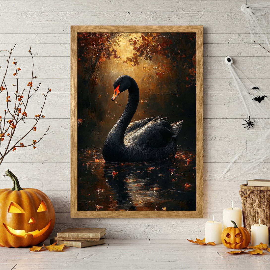 Framed Poster featuring a black swan on a lake, in a dark, moody style with a warm, autumnal color palette. Perfect for Halloween decor!