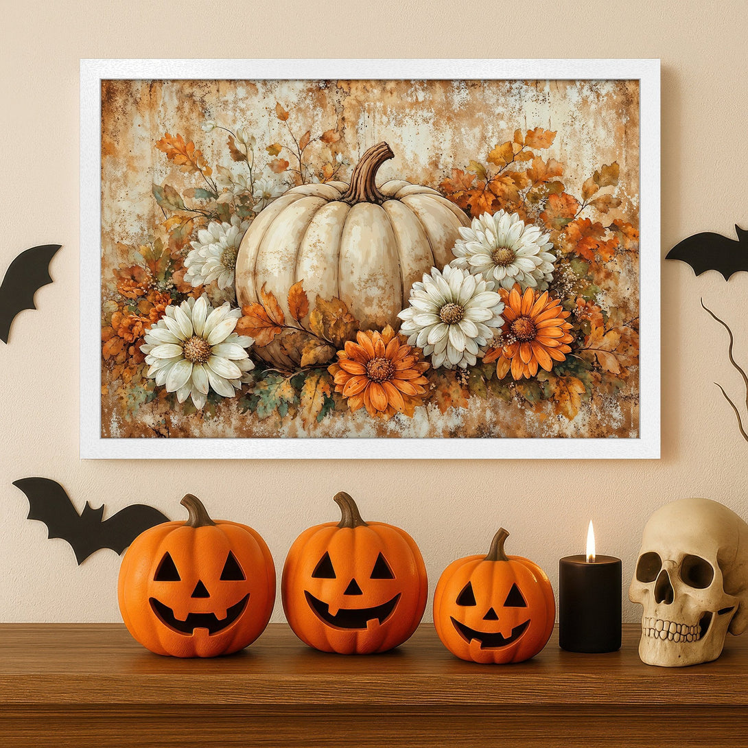 Framed Poster: Watercolor pumpkin and floral art print in warm autumn tones. Perfect Halloween decor!