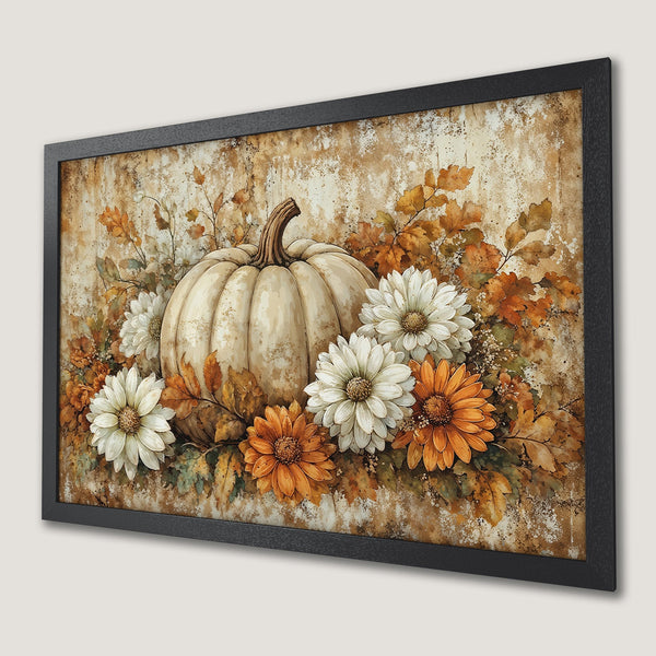 Framed Poster featuring a watercolor pumpkin and floral arrangement in warm autumn tones. Perfect fall decor!