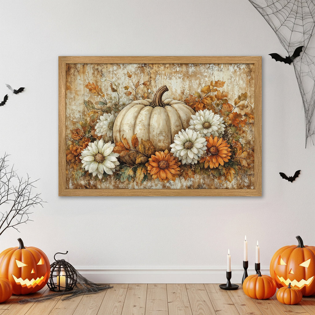 Framed Poster featuring a watercolor pumpkin and flowers in warm autumn tones. Perfect fall decor!