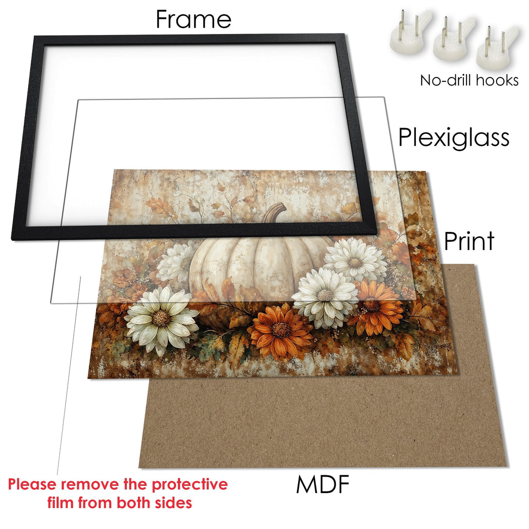 Framed Poster featuring a pumpkin and floral art in warm, autumnal tones. Perfect fall decor!