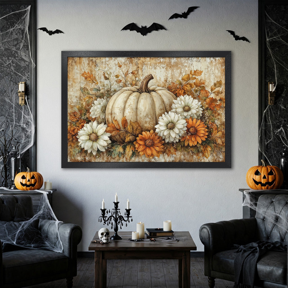 Framed Poster featuring a pumpkin and flowers in a vintage style, with a warm autumn color palette. Perfect Halloween decor!