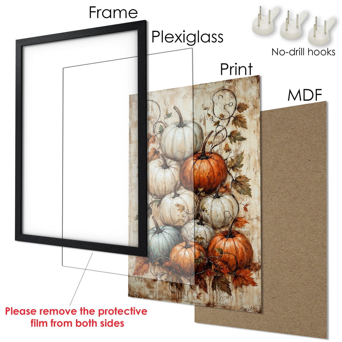 Framed Poster featuring a pumpkin illustration with warm orange and beige tones. Perfect fall decor!