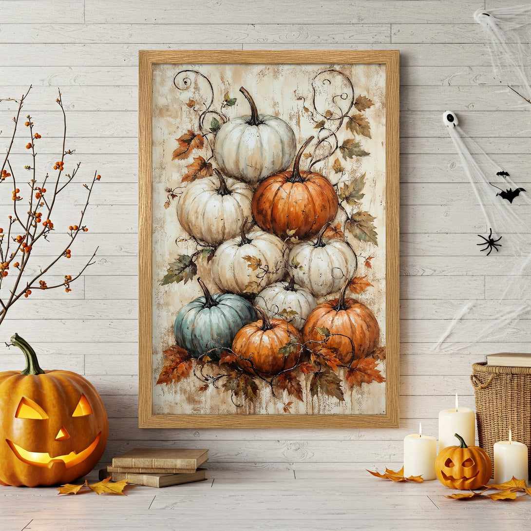 Framed Poster featuring a fall pumpkin still life. Rustic style with warm orange, white, and brown tones. Perfect for Halloween decor!