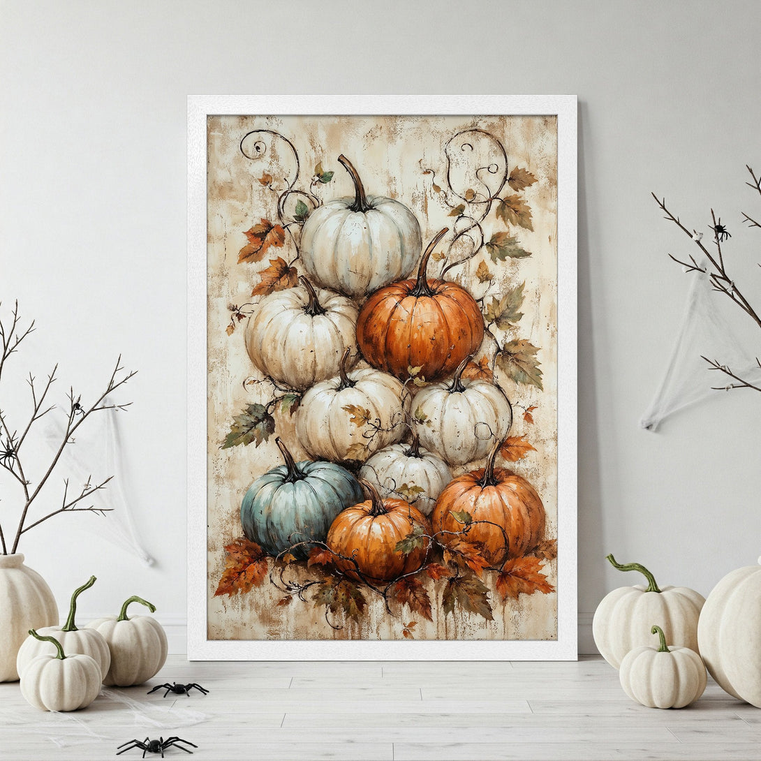 Framed Poster featuring a pumpkin still life in a vintage style with warm orange, cream, and green tones, perfect fall decor.