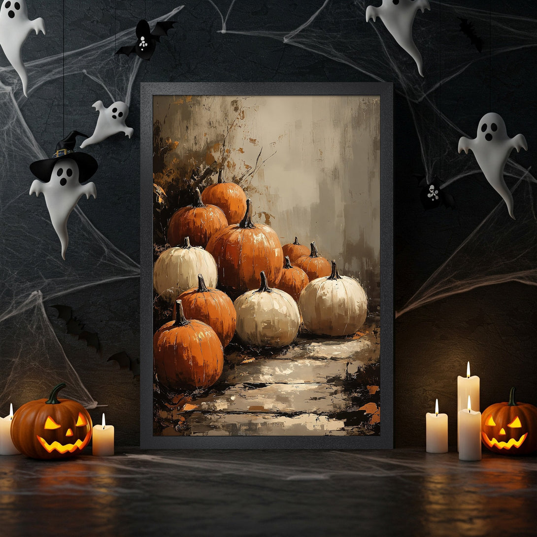 Framed Poster of pumpkins in a painterly style, with orange, white, and neutral tones. Perfect Halloween decor!
