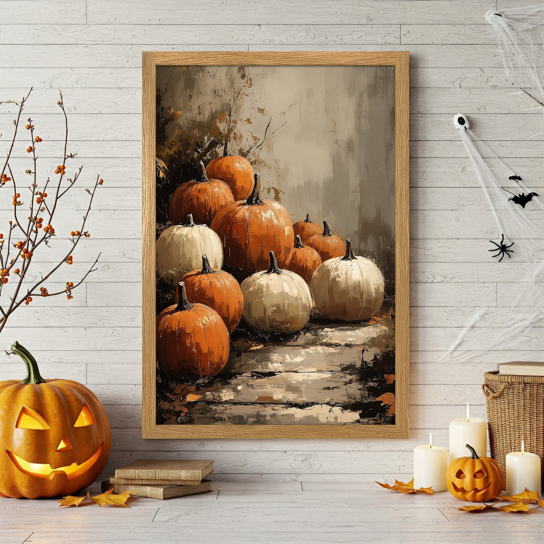 Framed Poster featuring a pumpkin still life in an impressionistic style with warm orange and brown tones, perfect for fall decor.