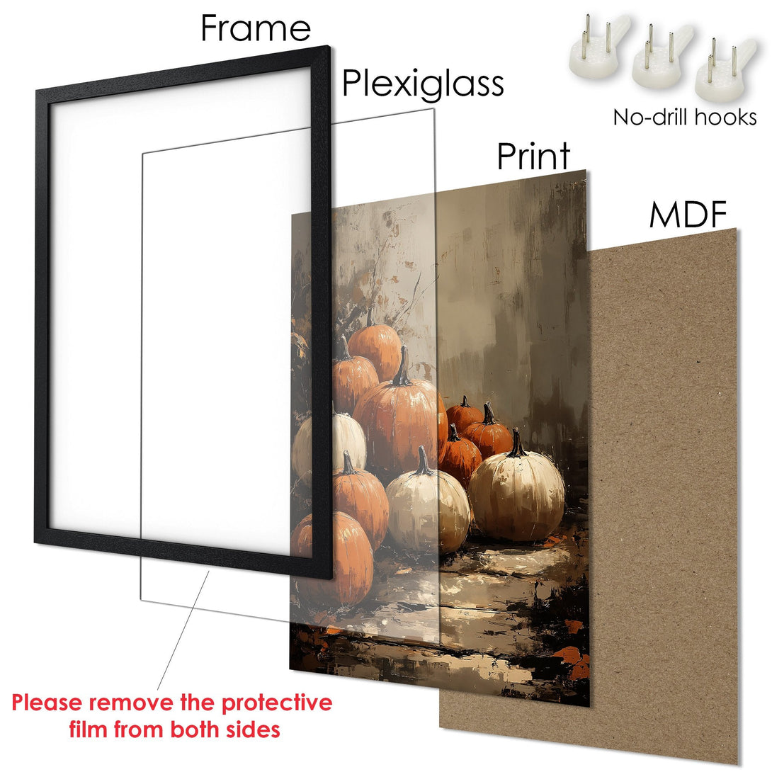 Framed Poster featuring a pumpkin still life in warm orange and brown tones. Perfect autumn decor!