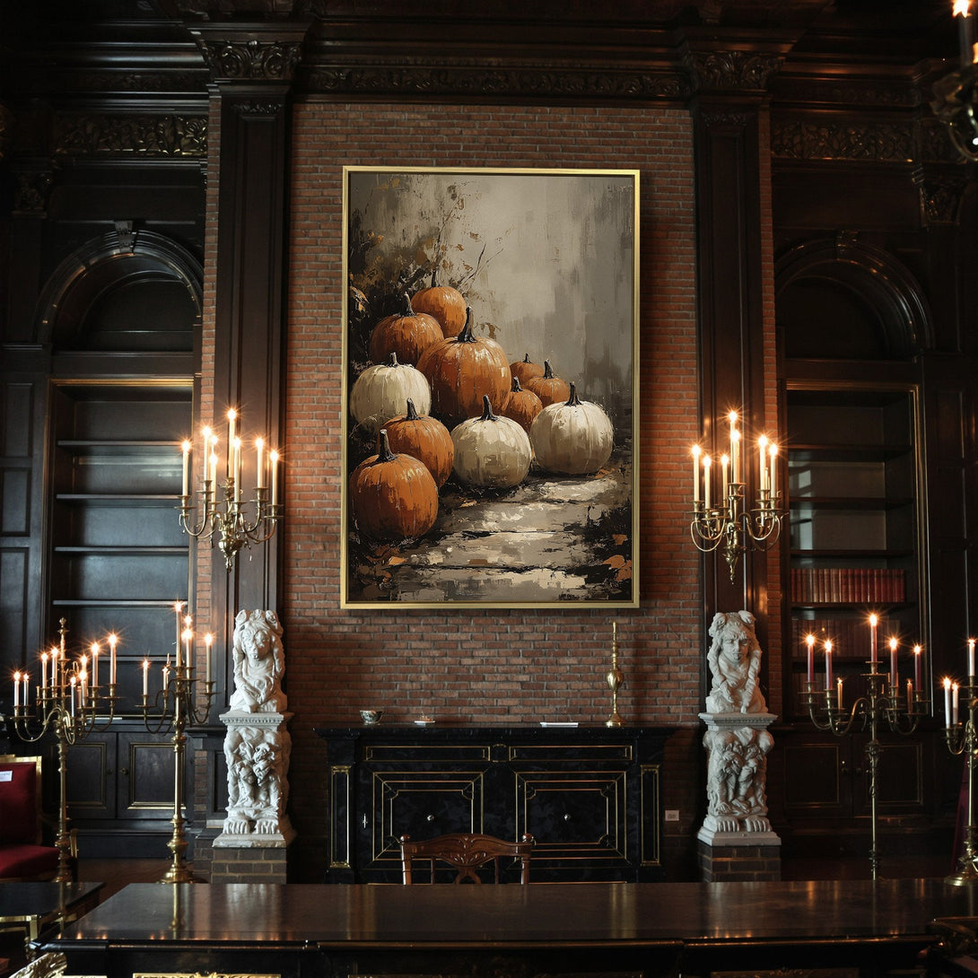 Canvas Print featuring a pumpkin still life in an impressionistic style with warm orange and neutral tones. Perfect fall decor!