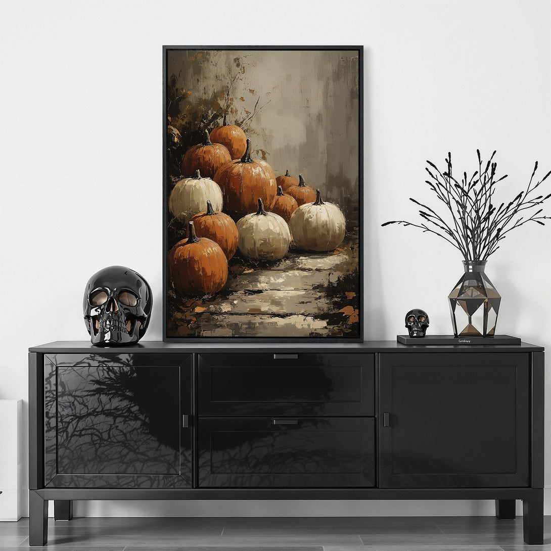 Framed Wall Art featuring an autumnal pumpkin still life. Impressionistic style with warm orange, cream, and brown tones. Perfect for fall decor.