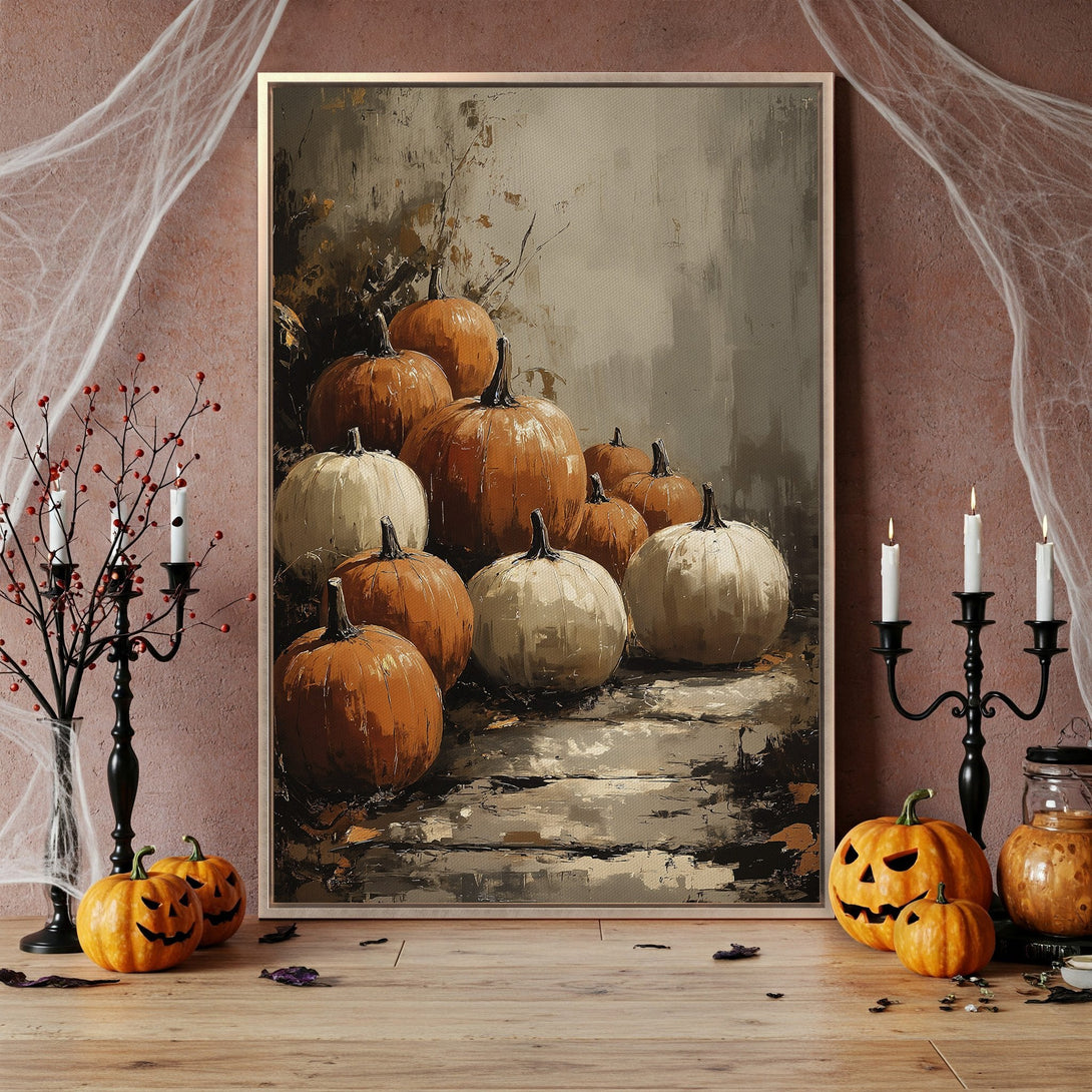 Framed Wall Art featuring a still life of pumpkins in warm orange & neutral tones. Perfect fall decor for your home.