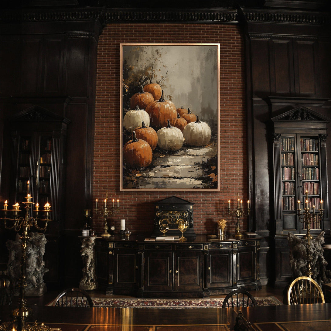 Framed Wall Art: Autumn pumpkin painting in a moody interior. Features orange and white pumpkins in a neutral color palette. Perfect fall decor!