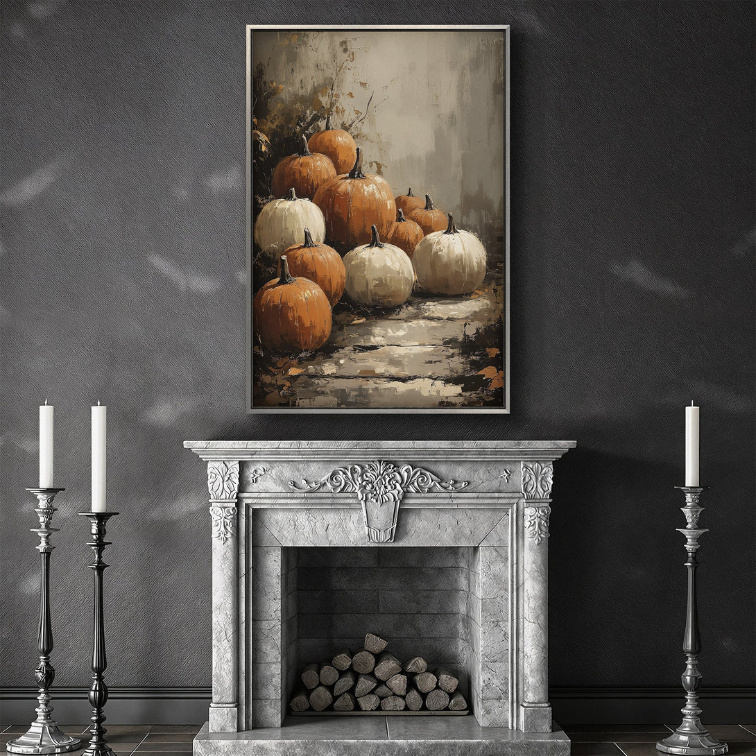 Framed Wall Art: Autumn pumpkin painting in warm orange and cream tones. Rustic style Canvas Print adds cozy fall decor to any space.