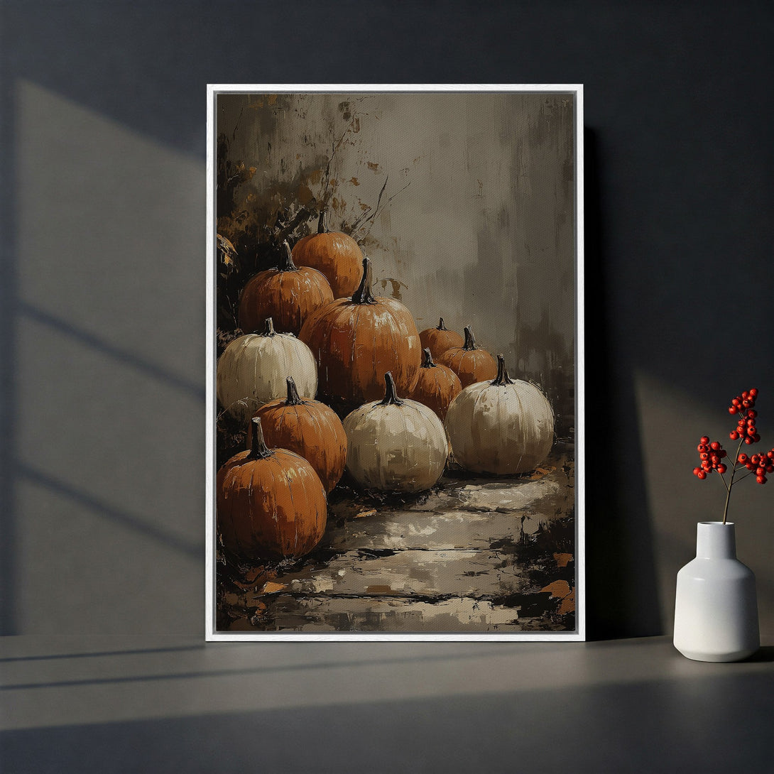 Framed Wall Art of pumpkins in warm autumn tones. Rustic style canvas print adds cozy fall decor to any space. Shop now for seasonal art!