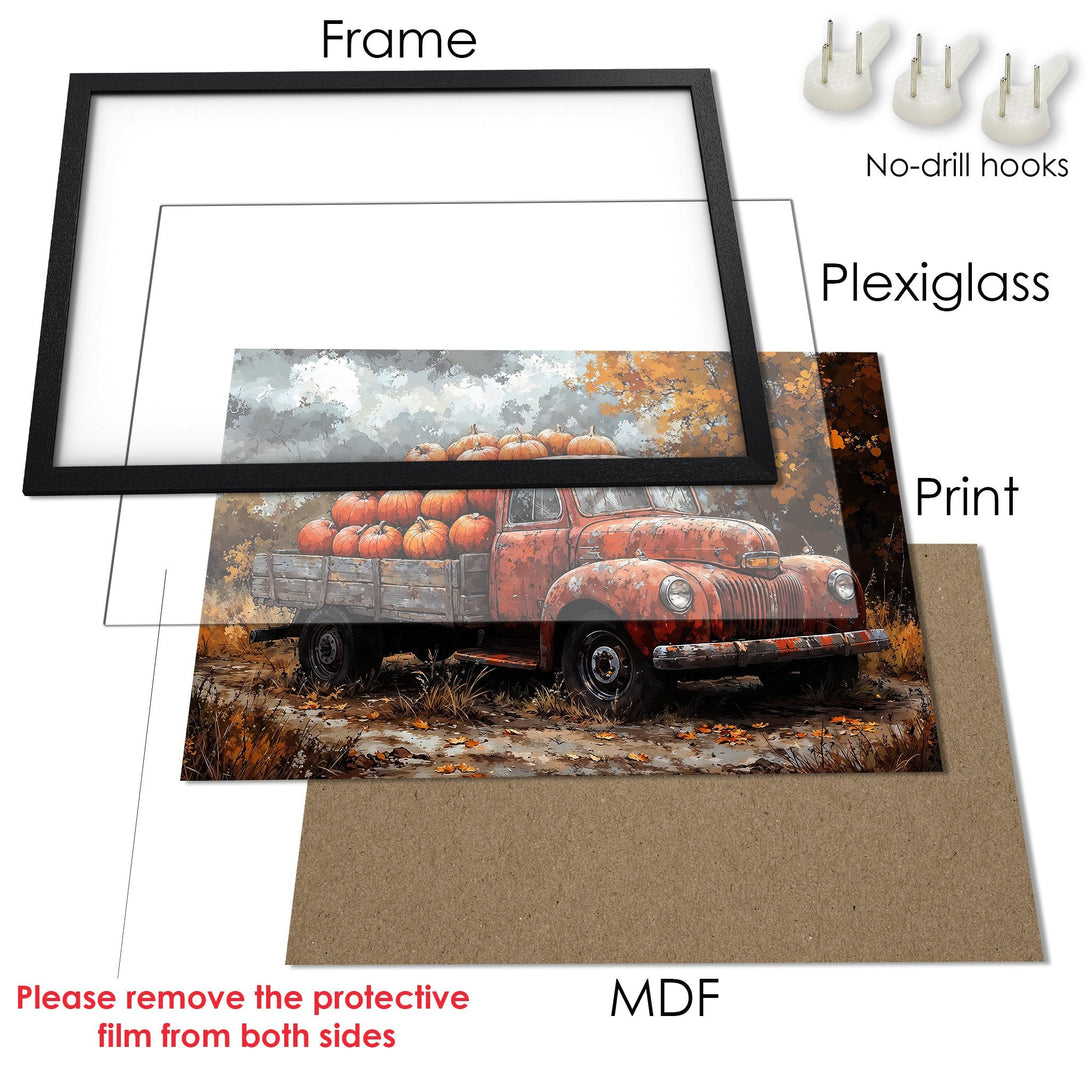 Framed Poster: Rustic truck with pumpkins, fall colors. Perfect autumn decor!