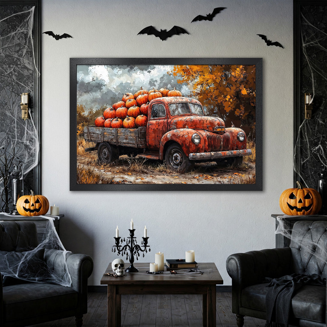 Framed Poster featuring a vintage truck loaded with pumpkins, perfect fall decor. Rustic style with orange, brown, and gray tones.