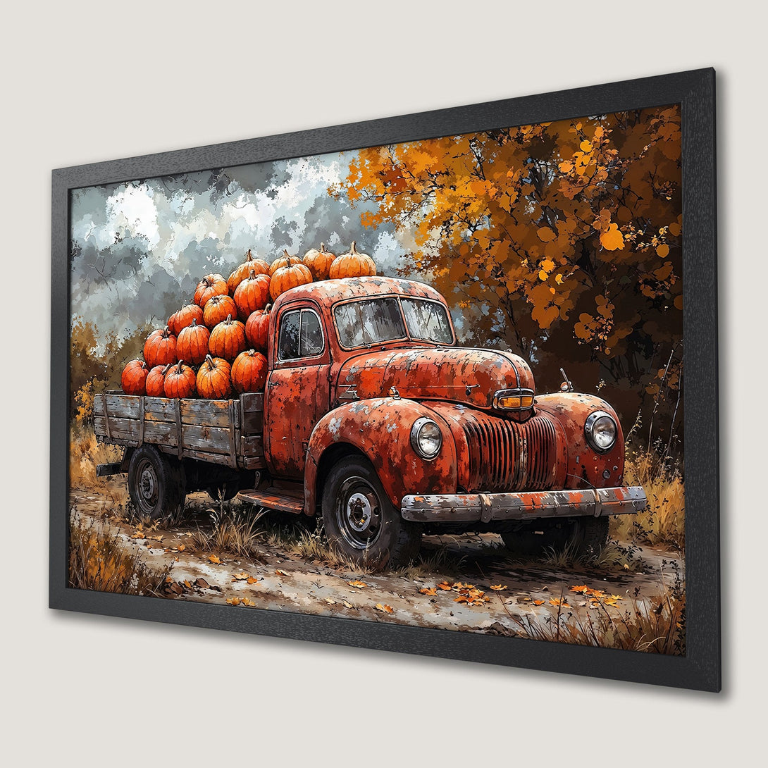 Framed Poster featuring a vintage truck filled with pumpkins, in a rustic style with warm orange and brown tones. Perfect autumn decor!