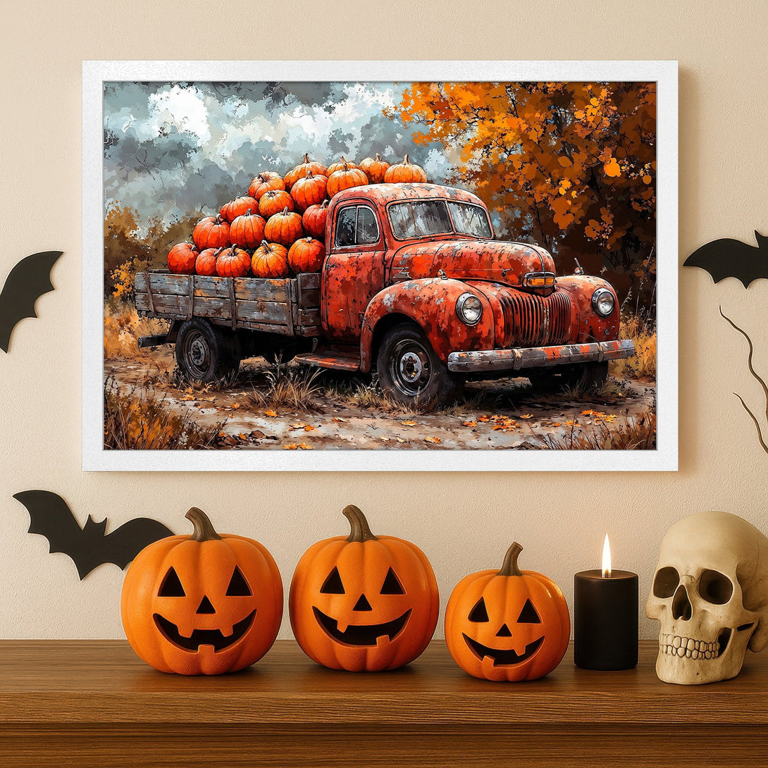 Framed Poster: Vintage truck loaded with pumpkins, fall art in orange and brown tones, perfect for Halloween decor.